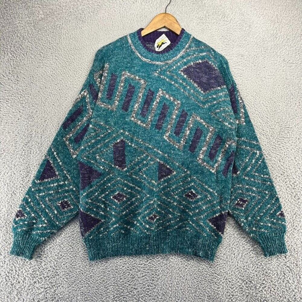 Vintage Le Tigre Sweater Mens Large Blue Purple Geometric Hip Hop USA made fuzzy
